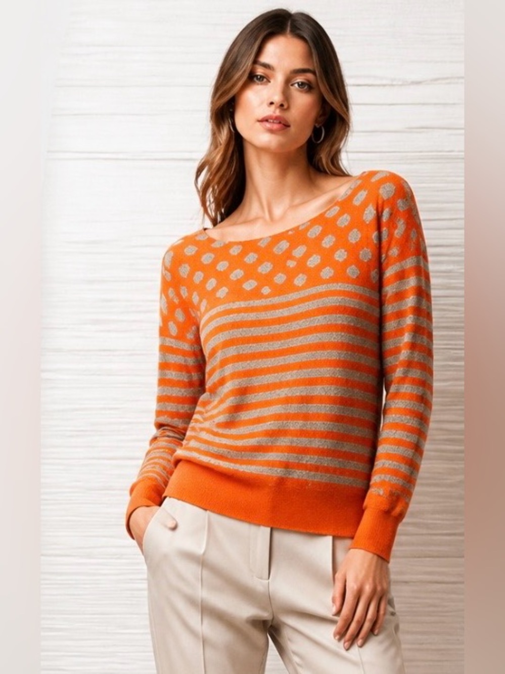 J CREW 02581 Sweater Orange Warmspun Intarsia Stripe Dot Pullover